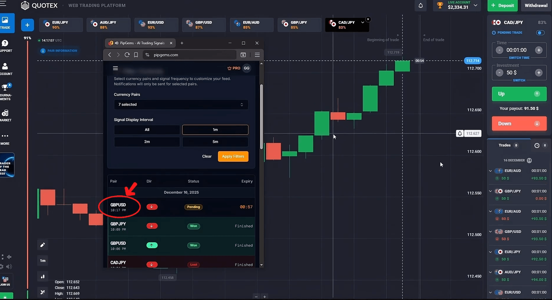 PipGems AI Signals App showing Quotex 1-Minute Trade Setup