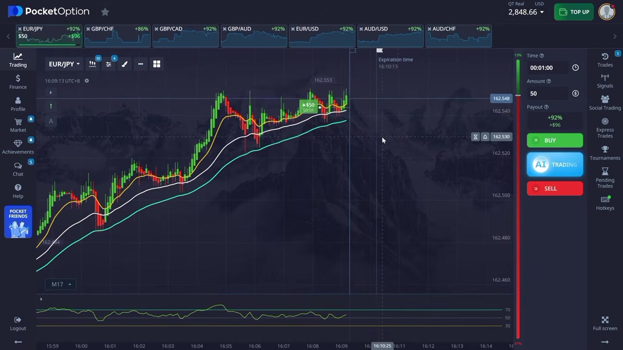 Pocket Option 3 Lines moving average strategy chart setup