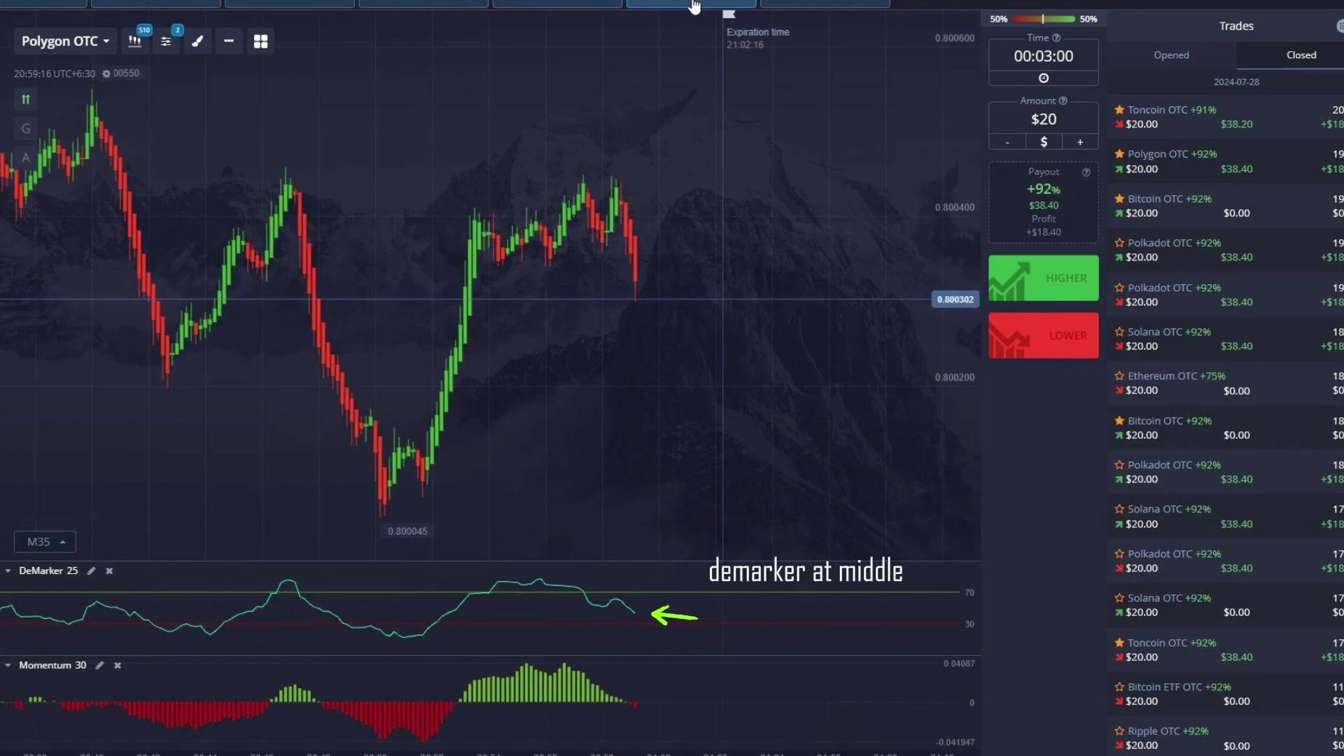 DeMarker indicator sitting at the middle of its line on Pocket Option crypto OTC chart