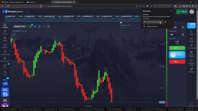 PipGems Signal Companion browser extension enabled on a Pocket Option OTC chart