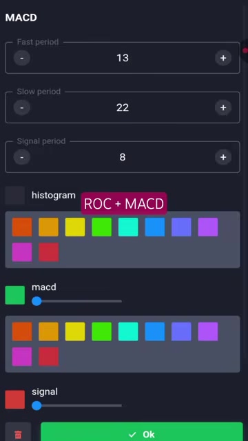 MACD settings on Quotex with fast period 13, slow period 22 and signal period 8